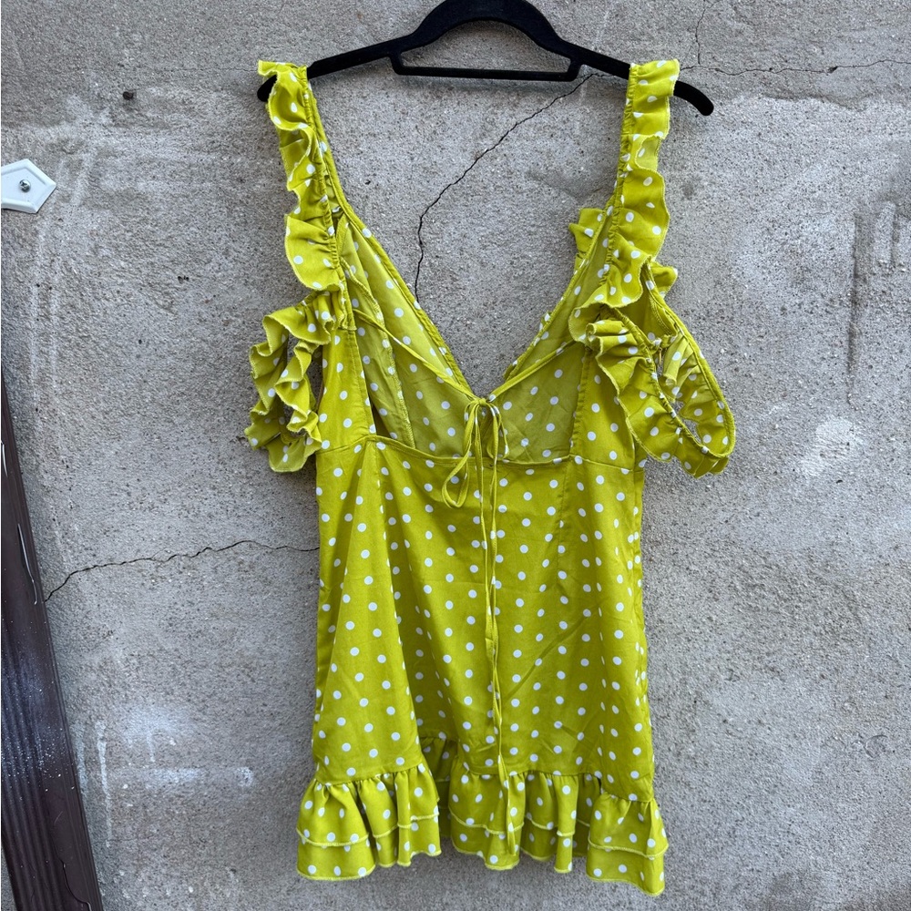 PLT Polka Dot Ruffle V-Neck MINI Dress in Lime Green Size 8 - Picture 3 of 3